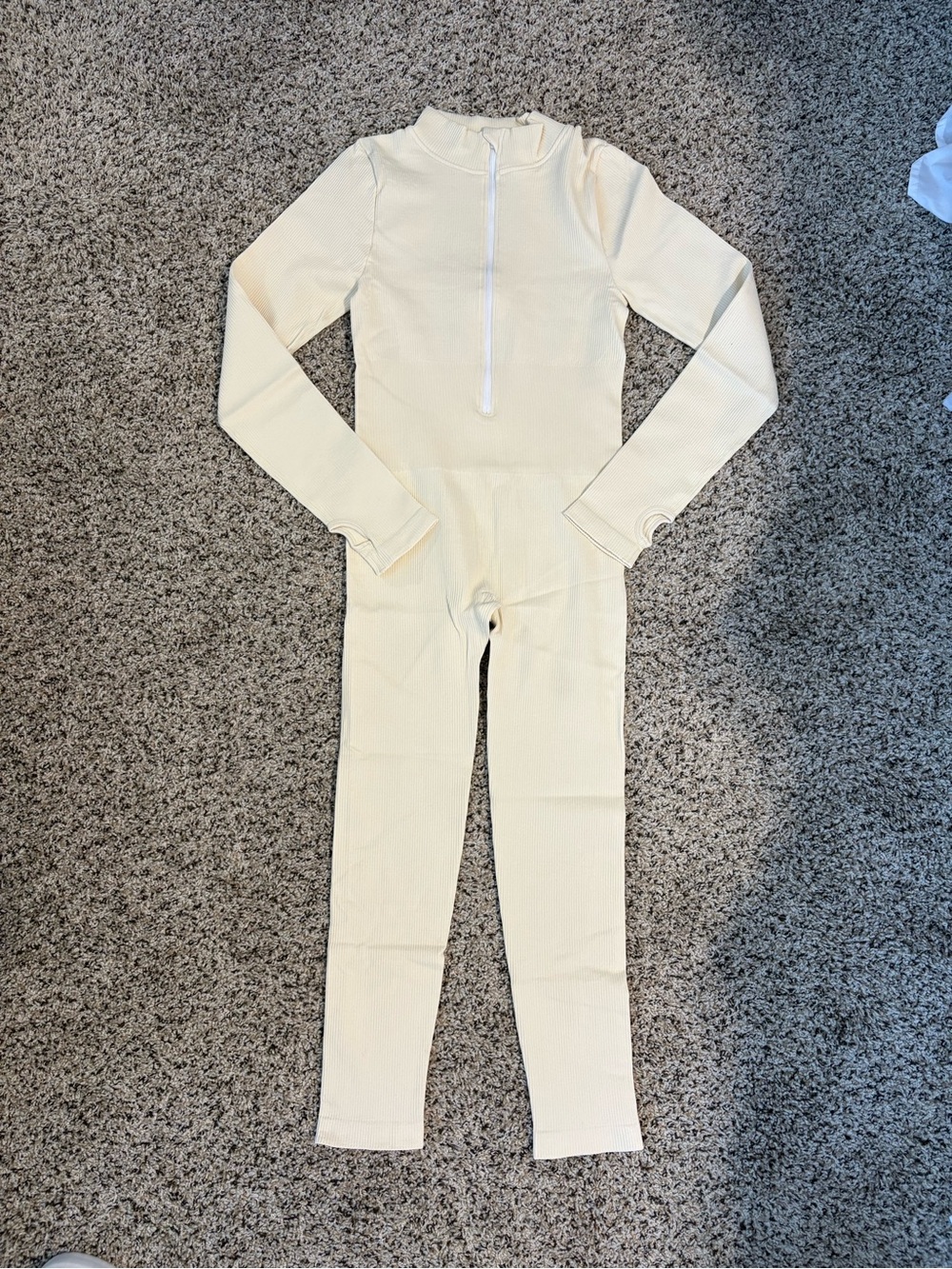 Ribbed Long-Sleeve Cream Jumpsuit with Front Zip